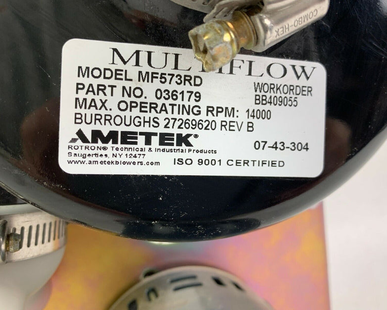 Ametek Multiflow MF573RD Remote Drive Blower Rotation Assembly w/Motor 036179