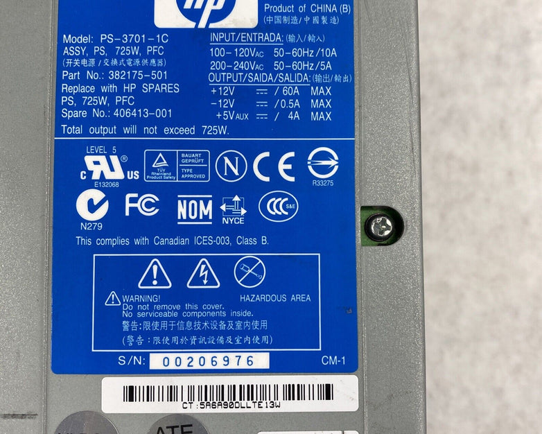 HP 382175-501 Proliant ML350 PS-3701-1C 406413-001 725W Power Supply