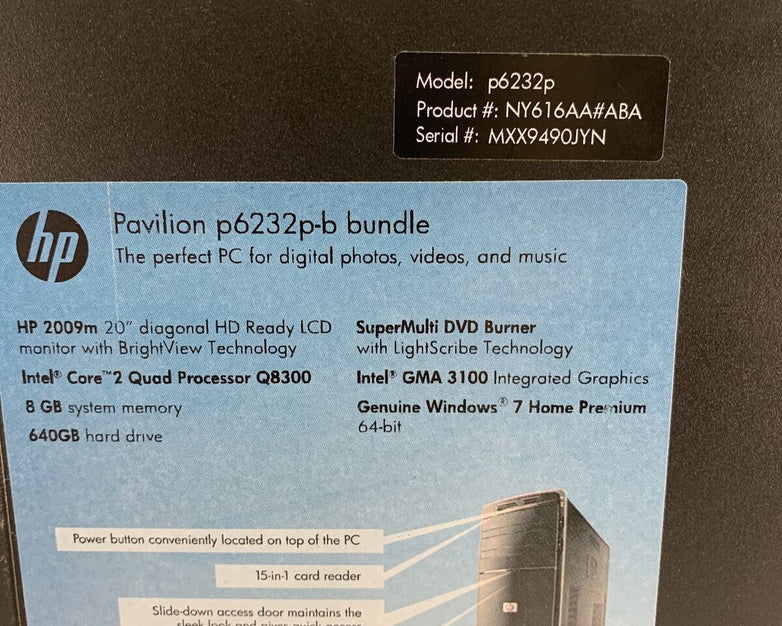 HP Pavilion P6232P MT Intel Core 2 Quad Q8300 2.5GHz 1GB RAM No HDD No OS
