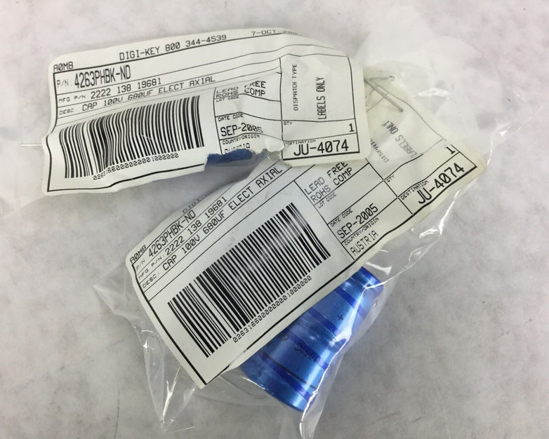 Vishay (2222 138 19681) CAP Alum 100V 68OUF Elect Axial, Lot of 3, NEW