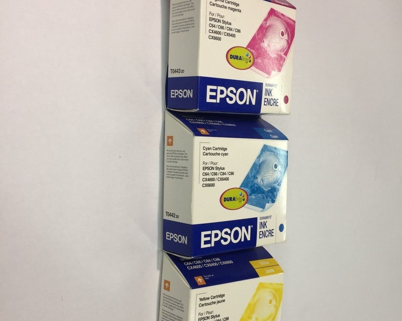 Epson T0442 Cyan, T0443 Magenta, T0444 Yellow (Lot of 3) NEW Factory Sealed