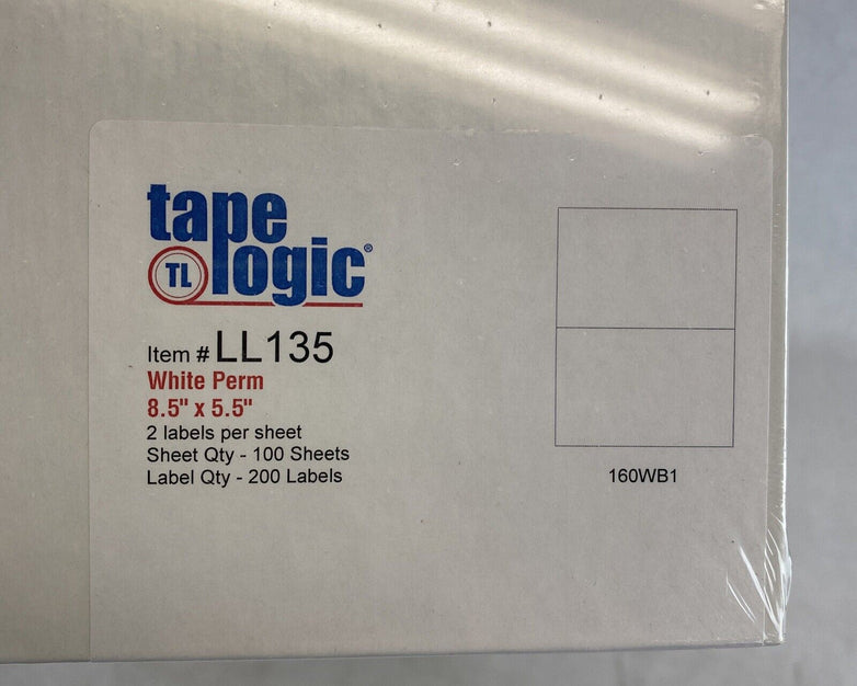 Tape Logic LL135 100x 8.5" x 5.5" sheets w 2 Rectangle 160WB1 White laser labels