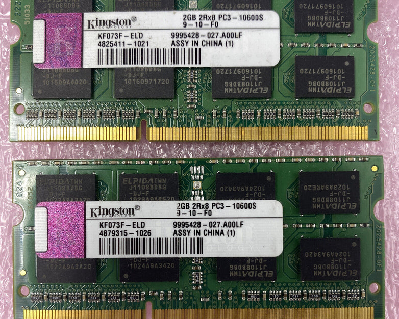 Lot ( 2 ) 2GB Kingston KF073F-ELD PC3-10600S DDR3 Laptop Memory RAM