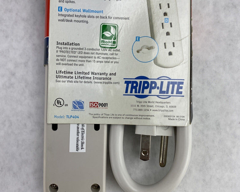 TrippLite TLP404 4 Outlet 390J Surge Protector 4ft Power Strip