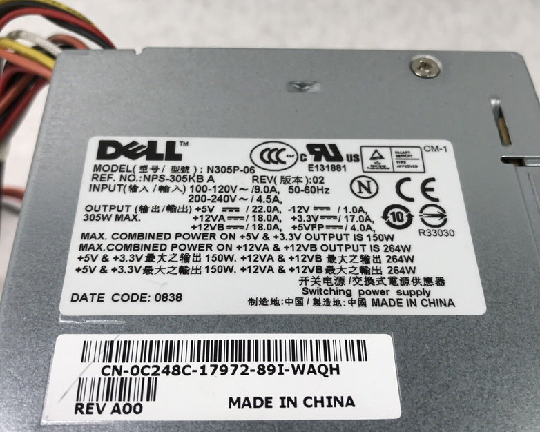 Dell H305P-06 240V 60Hz 9.0A 305W Power Supply NPS-305KB (Tested and Working)
