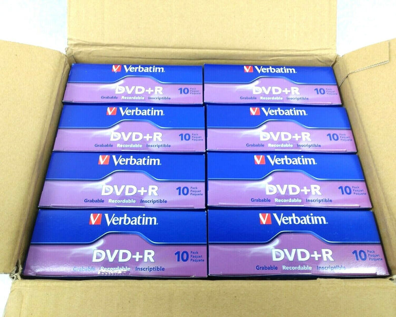 Lot 0f (8) 10PK DVD+R Recordable Verbatim 120 Min 4.7GB/16x In Jewel Case