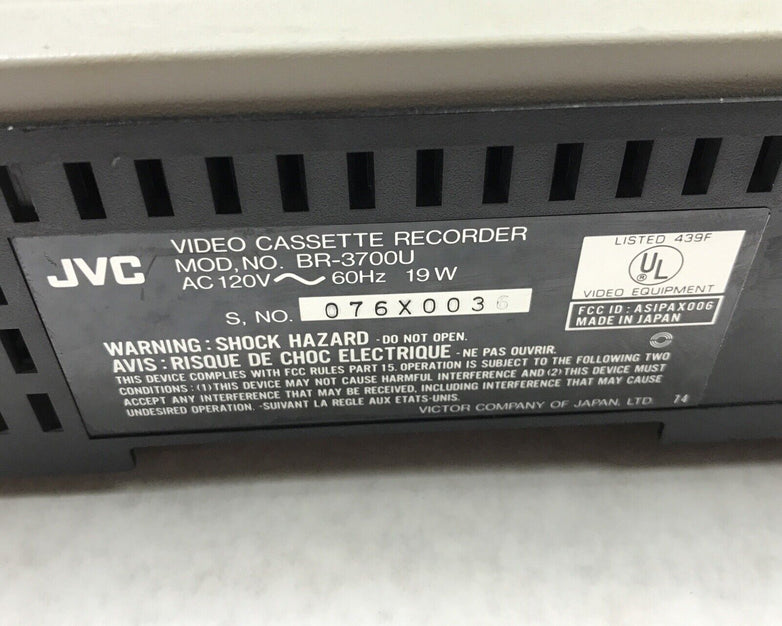 JVC Video Cassette Player BR3700U 60Hz 19W 120V 2.5A VHS Player