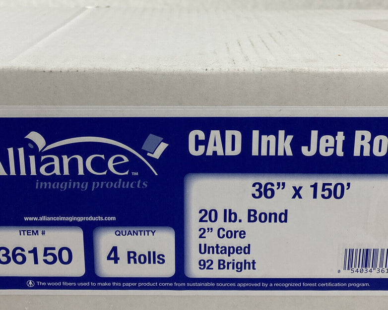 Lot( 3 ) Alliance 36150 Wide Format Paper 36"x150'x2" CAD Bond Rolls 92 Bright