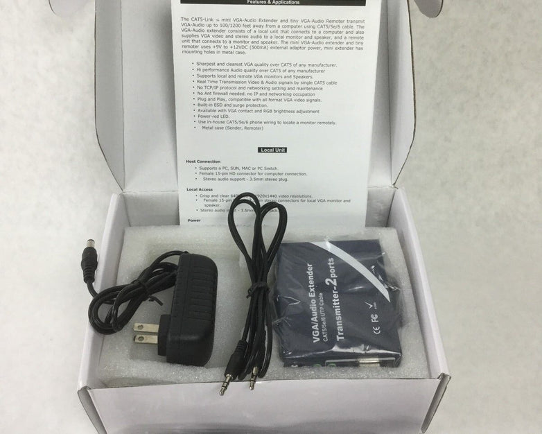 VGA/Audio Extender 1Transmitter-2ports(CAT5/5e/6 UTP Cable)w/Power Supply&Cables