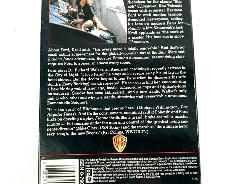 Vintage Classic Frantic 1994 VHS Tape Movie Harrison Ford Betty Buckley