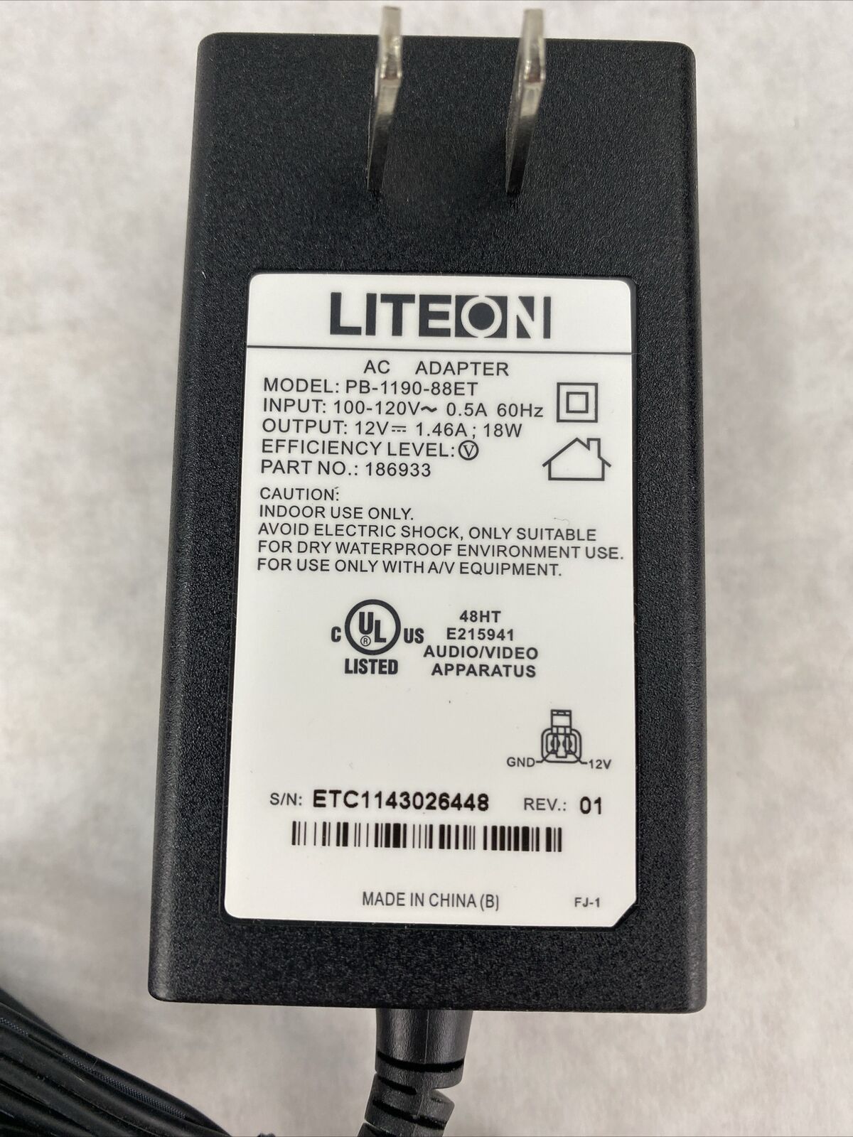 Liteon PB-1190-88ET 186933 100-120V 0.5A 60Hz 12V 1.5A AC Power Adapter