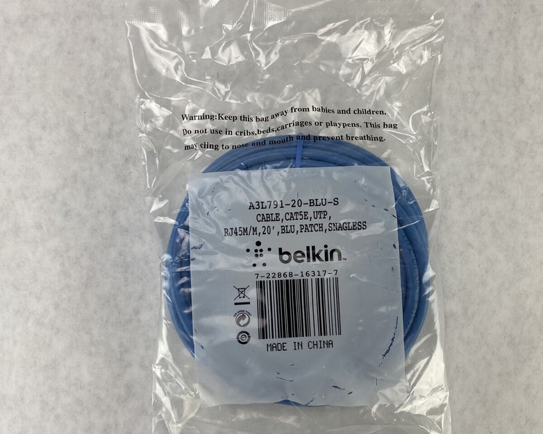 Belkin A3L791-20-BLU-S 20ft Cable Cat5e UTP RJ45 M/M Blue Snagless Patch Cable