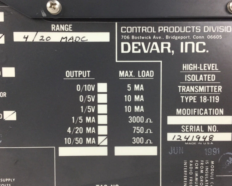 DEVAR 18-119 High-Level Isolated Transmitter 18-119 10/50 MA 4/20 MADC Range