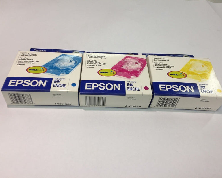 Epson T0442 Cyan, T0443 Magenta, T0444 Yellow (Lot of 3) NEW Factory Sealed