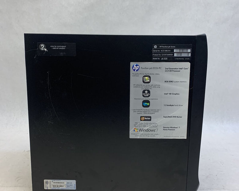 HP P6-2026 MT Intel Core i3-2120 3.3GHz 8GB RAM No HDD No OS