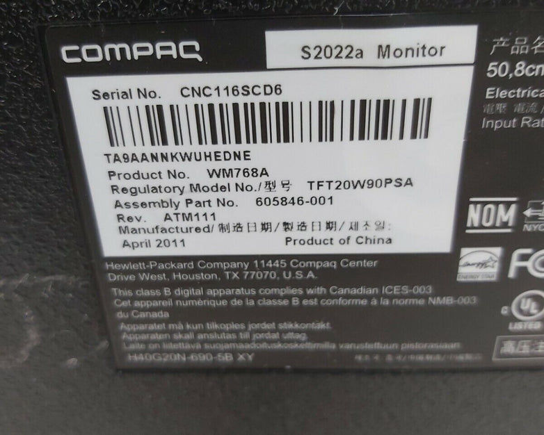 HP Compaq S2022a 20" LCD Monitor WM768A Grade C Pwr Cord Included