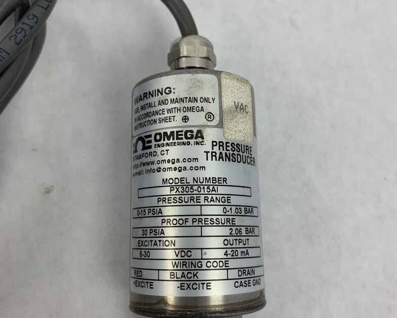 Omega Pressure Transducer PX305-015AI 0-15 PSIA 0-1.03 BAR 12-30VDC Untested
