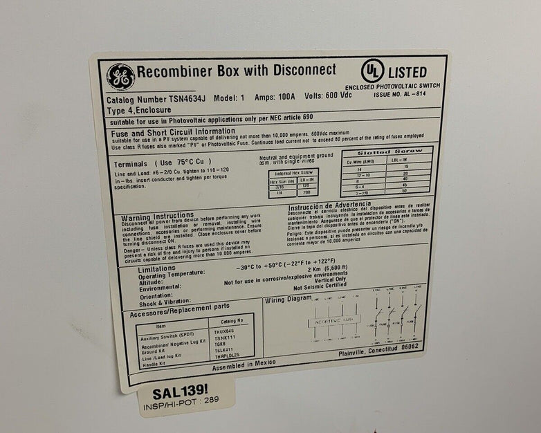 GE Solar Duty Safety Switch TSN4634J 100A 600 VDC
