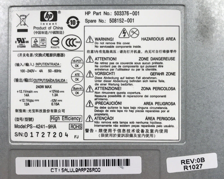 HP 503376-001 240V 60Hz 240W Desktop Power Supply 508152-001