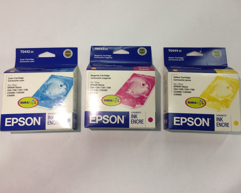 Epson T0442 Cyan, T0443 Magenta, T0444 Yellow (Lot of 3) NEW Factory Sealed