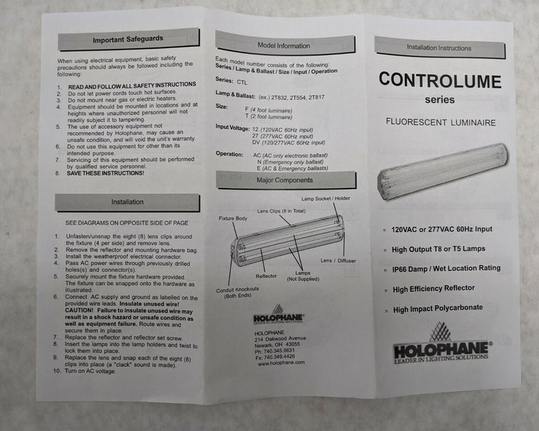 Holophane Controlume Fluorescent Luminaire CTL 120VAC or 277VAC 60Hz Input