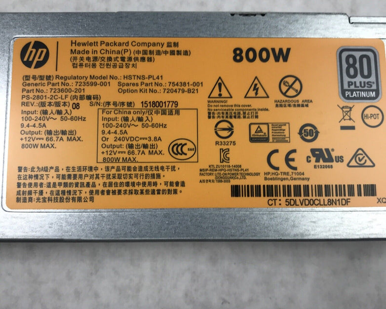 (Lot of 2) Hewlett Packard Company HSTNS-PL41 240v 60Hz 800W Server Power Supply