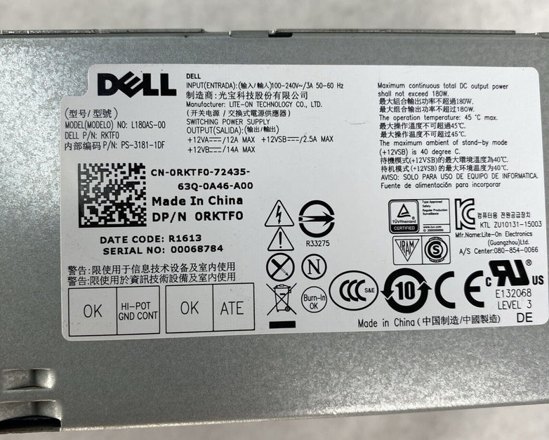 Dell 0RKTF0 180W Power Supply SFF for OptiPlex 3040 Inspiron 3250 Vostro 3250