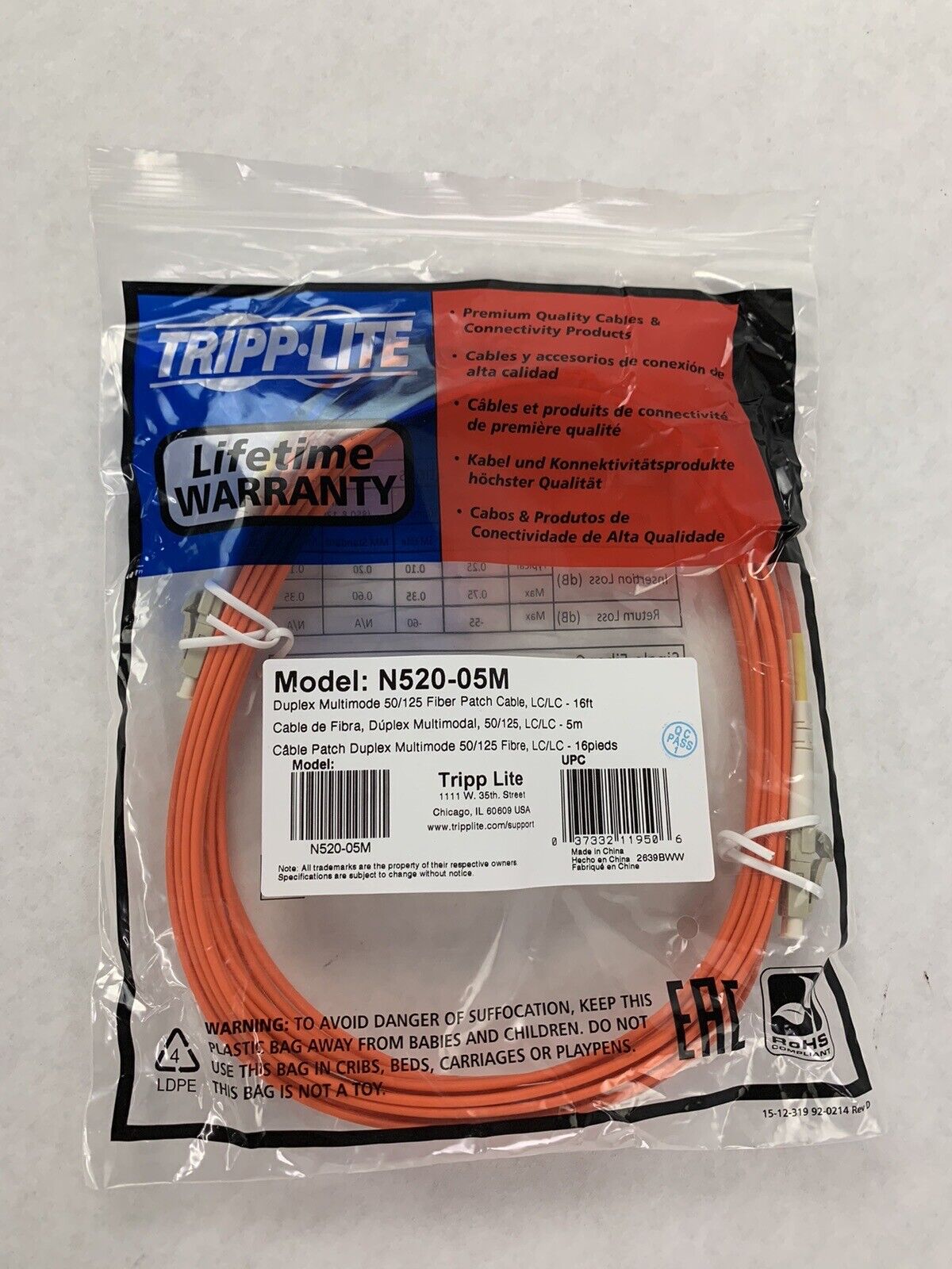 Tripp Lite N520-05M 5m Fiber Optic LC Male to Male Patch Cable