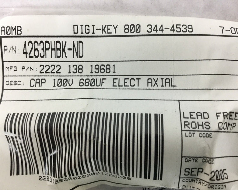Vishay (2222 138 19681) CAP Alum 100V 68OUF Elect Axial, Lot of 3, NEW