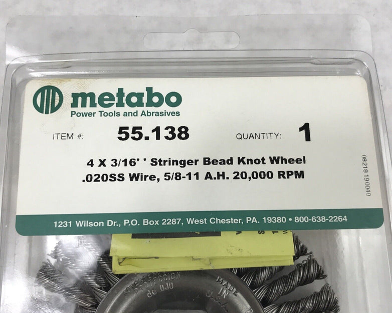 Metabo Stringer 55.138 4x3/16" Stringer Bead Knot Wheel .020SS Wire 5/8-11 20000
