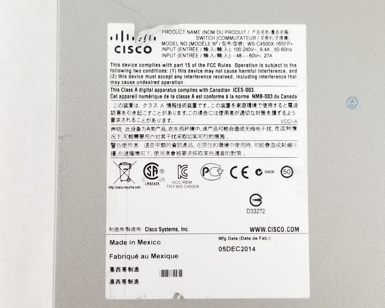 Cisco Catalyst 4500-X WS-C4500X-16SFP+ V03 16-Port 10GB Network Switch 2x 750W