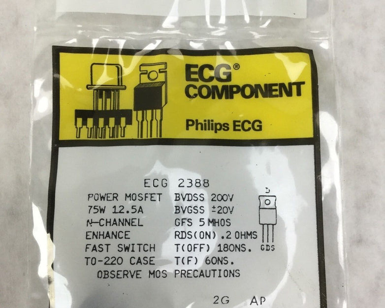 Philips ECG 2388 Transistor, PWR MOSFET, 75W 12.5A, NEW SEALED