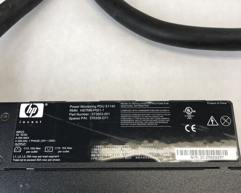 HP HSTNR-P001-1 Power Distribution Panel 40A 60Hz 376358-D71 3 Phase Plug