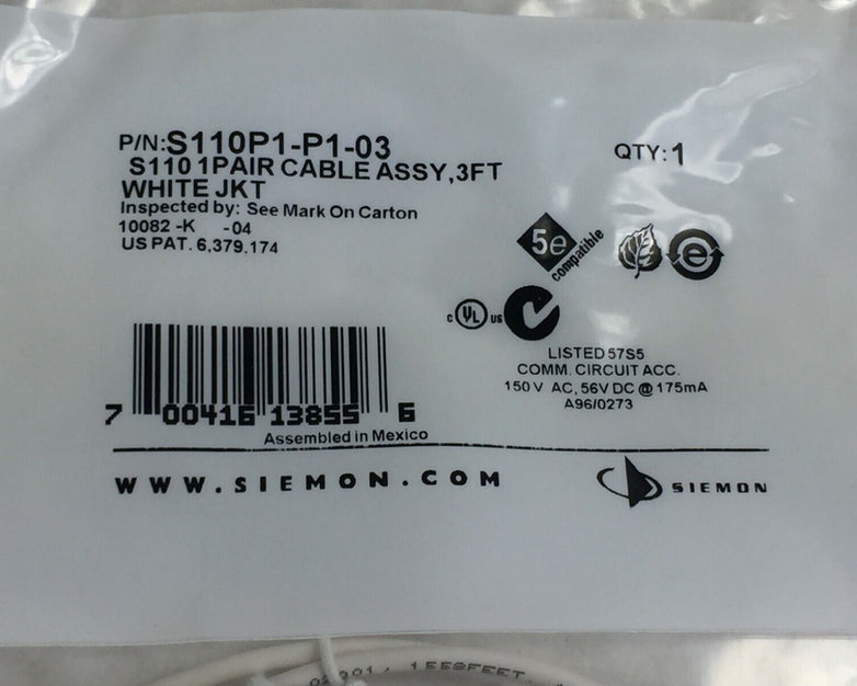 Seimens S110 Cable Assy 3 ft S110P1-P1-03 White