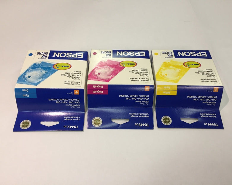 Epson T0442 Cyan, T0443 Magenta, T0444 Yellow (Lot of 3) NEW Factory Sealed