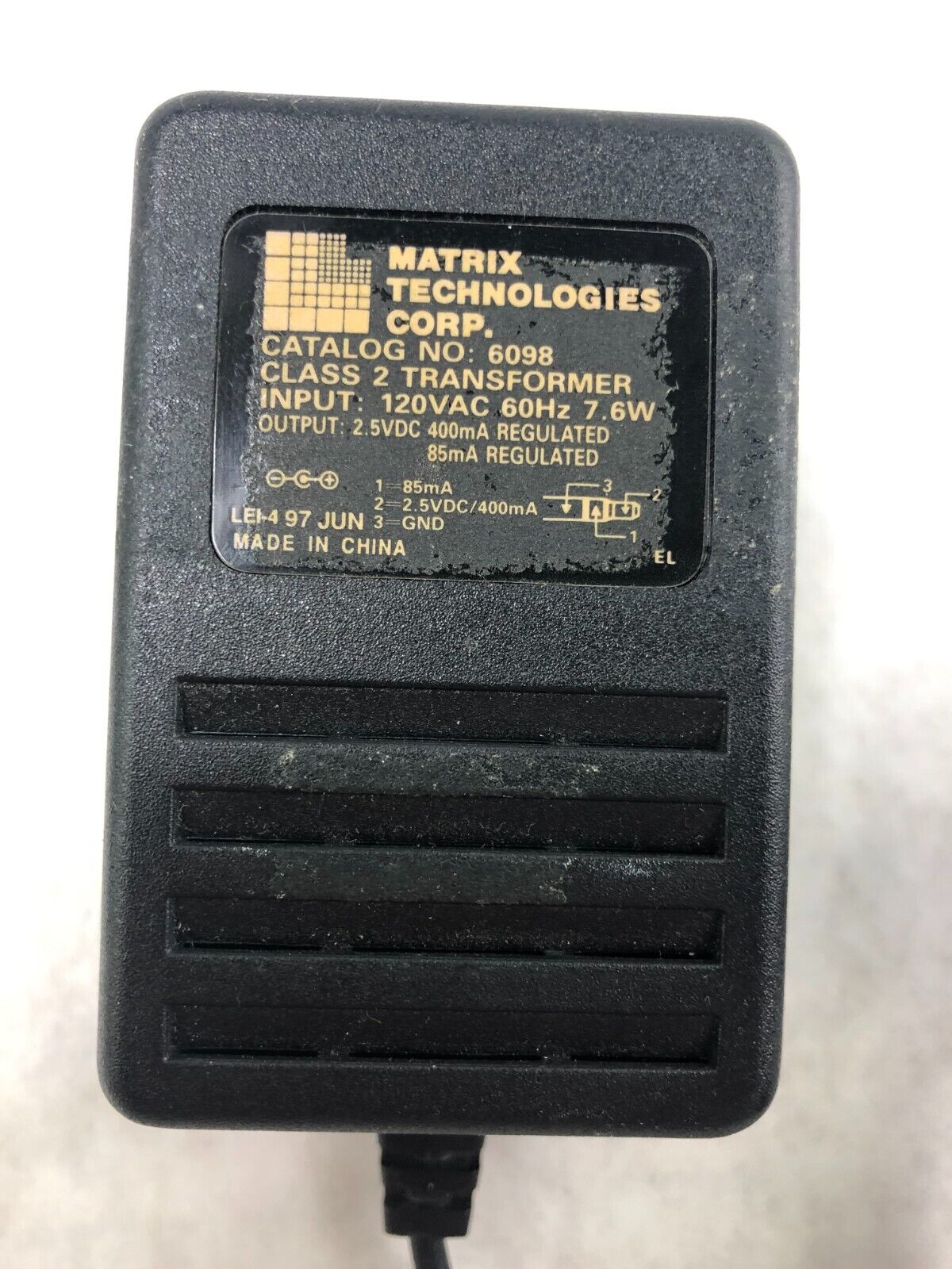 Matrix Pipette Power Supply Adapter Cat 6098 2.5VDC 400/85mA