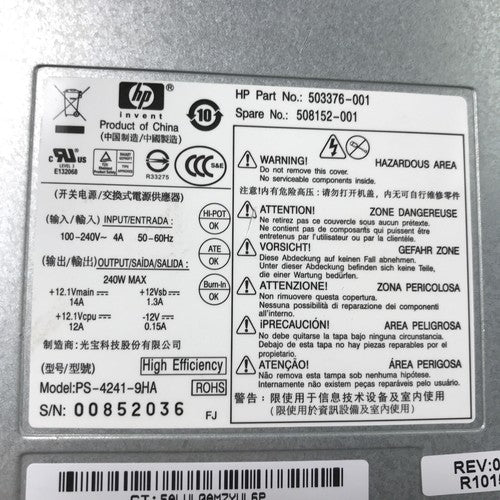 HP 503376-001 60Hz 240V 240W Power Supply (Tested and Working)