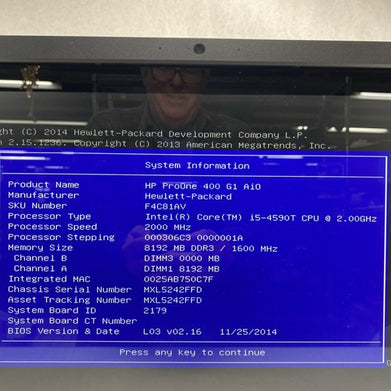 HP ProOne 400 G1 AIO 21.5" Touch Core i5-4590T 2.0GHz 1x8GB RAM No AC No HDD OS