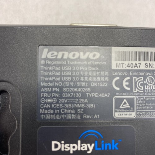 Lot of 4 Lenovo ThinkPad DK1522 40A7 USB 3.0 Pro Docking Station - Untested