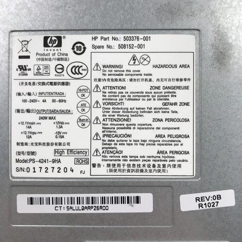 HP 503376-001 240V 60Hz 240W Desktop Power Supply 508152-001