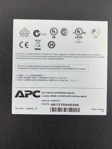 APC KVM0216A KVM USB 2G Enterprise Analog 2 Local Users 16 Ports Tested