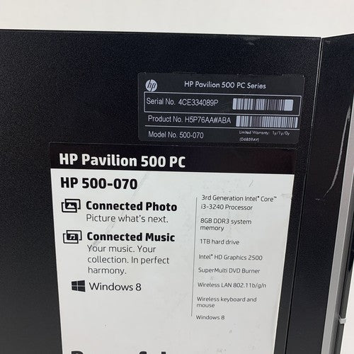 HP Pro 500-070 500 Series MT Desktop Core i3-3240 3.40 GHz 8 GB RAM No OS No HDD