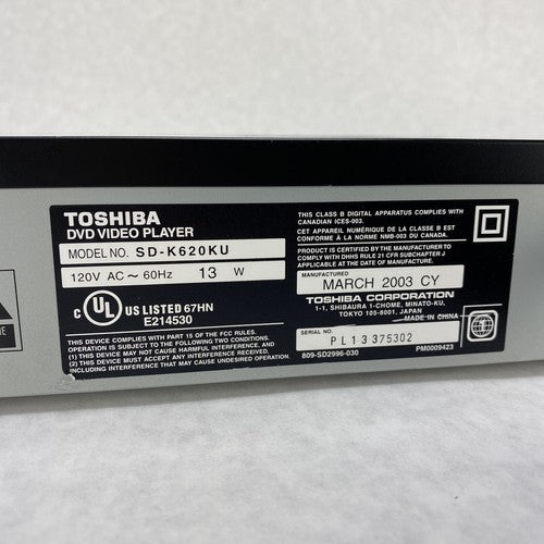Toshiba SD-K620KU DVD Player Black Dolby Digital Color Stream w/ Remote TESTED