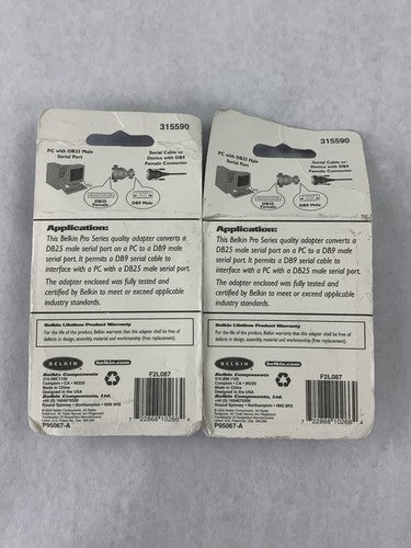 Lot of 2 New Belkin F2L087 Serial Port Adaptor DB9 Male / DB25 Female