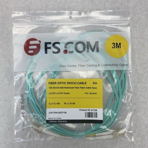 FS.Com Fibre Optic Patch Cable 10G 50/125 OM3 Multimode Color Aqua 3M - Lot Of 5