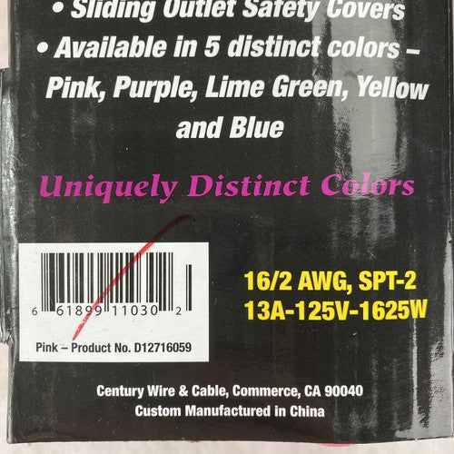 Century Wire Pro Glo 9ft Household Indoor Extension Polarized AC Power Cord Pink