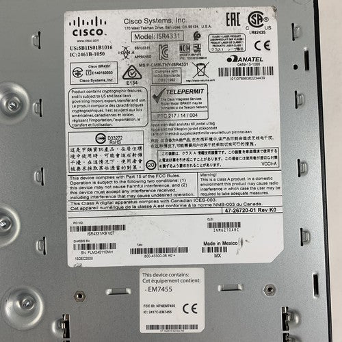 Cisco ISR4331/K9 Router Tested Reset W/ IPBaseK9 License Rack Ears