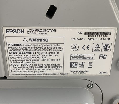 Epson H454A 485W Projector - Tested and Missing Port Cover