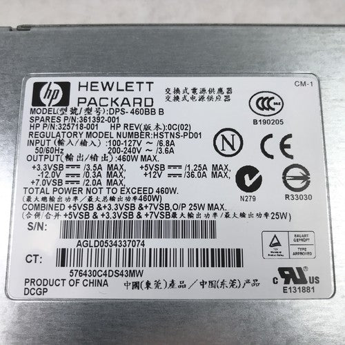 Hewlett Packard DPS-460BB 240V 60Hz 6.8A 460W HSTNS-PD01 325718-001