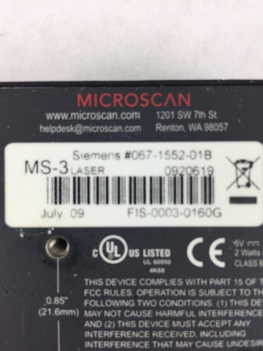 Microscan Siemens MS-3 Laser Barcode Scanner Reader 067-1552-01B